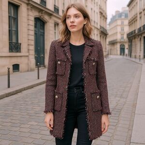 Zara Basic Tweed Longline Coat Jacket XS Black Red Fringe Bouclé